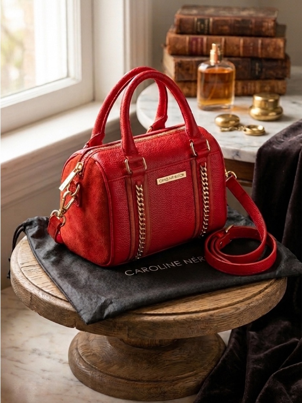 NWT Caroline Néron Red Leather & Suede Mini Crossbody Bag